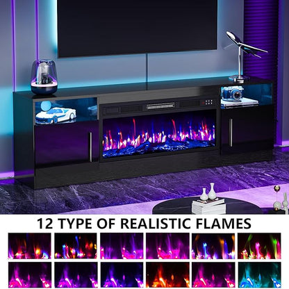 PRETZI Fireplace TV Stand with 36" Fireplace Up to 80" TVs, 70" Entertainment Center with LED Lights, Remote Control, TV Media Console with Storage Cabinets for Living Room, Black