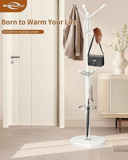 Metal Coat Rack with Natural Marble Base,Coat Rack Stand with 10 Hooks & Umbrella Holder,Modern Freestanging Coat Racks,White Standing Coat Jacket Hanger Tree Stand for Corner Entryway