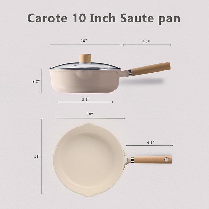 CAROTE Ceramic Nonstick Frying Pan Skillet with Lid, 10" Deep Frying Pan, 4 QT Saute Pan wilt Lid, Non Stick Chef's Pan, Non-toxic Healthy, PFOA/PFAS Free, Induction-Compatible, Taupe