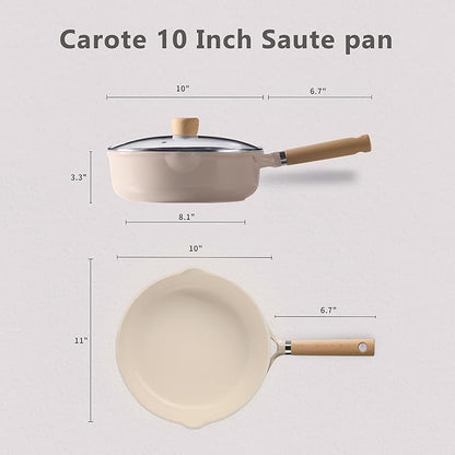 CAROTE Ceramic Nonstick Frying Pan Skillet with Lid, 10" Deep Frying Pan, 4 QT Saute Pan wilt Lid, Non Stick Chef's Pan, Non-toxic Healthy, PFOA/PFAS Free, Induction-Compatible, Taupe