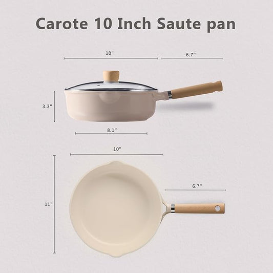 CAROTE Ceramic Nonstick Frying Pan Skillet with Lid, 10" Deep Frying Pan, 4 QT Saute Pan wilt Lid, Non Stick Chef's Pan, Non-toxic Healthy, PFOA/PFAS Free, Induction-Compatible, Taupe