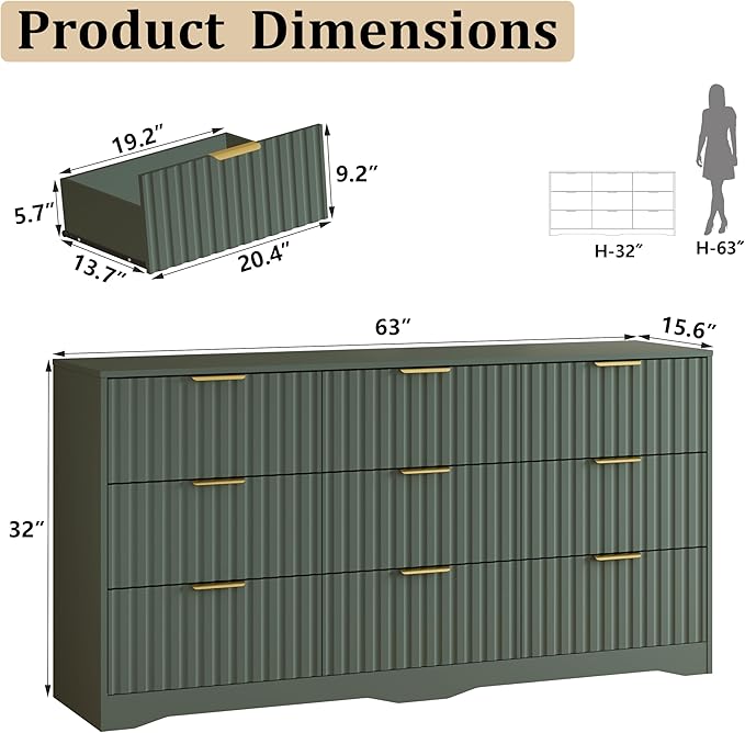 Fluted 9 Drawers Dresser for Bedroom, 63" Wide Wood Dressers Chest of Drawers with Metal Handle, Long Modern Dresser TV Stand Storage Organizer for Living Room, Green
