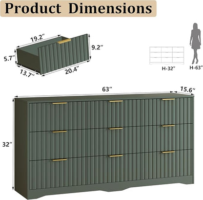 Fluted 9 Drawers Dresser for Bedroom, 63" Wide Wood Dressers Chest of Drawers with Metal Handle, Long Modern Dresser TV Stand Storage Organizer for Living Room, Green