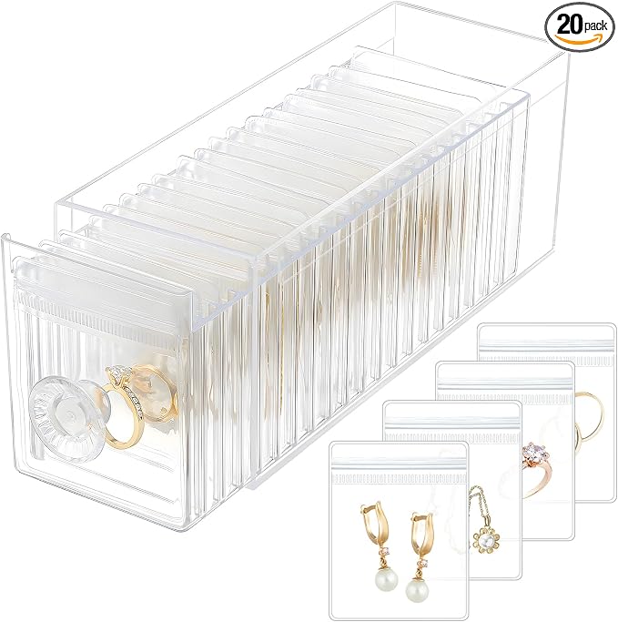 HOMEHIVE Clear Acrylic Jewelry Organizer Box with 20 Portable Pouches, Jewelry Storage Case for Women Girls, Tangle-Free, Anti-Tarnish, Compact Storage for Necklaces/Earrings/Rings, Upgraded Clear