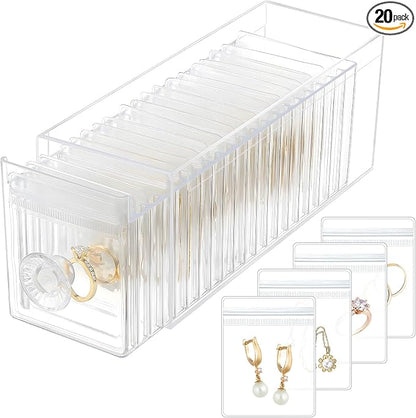 HOMEHIVE Clear Acrylic Jewelry Organizer Box with 20 Portable Pouches, Jewelry Storage Case for Women Girls, Tangle-Free, Anti-Tarnish, Compact Storage for Necklaces/Earrings/Rings, Upgraded Clear