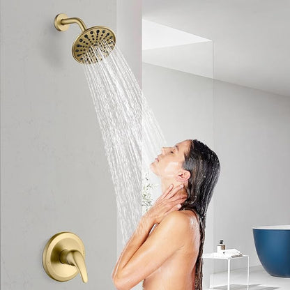 gotonovo Shower Faucet Set Bathroom Shower Head and Handle Set Complete 6 Settings 6 inch Rainfall Shower Head Kit High Pressure Shower System Combo Shower Trim Kit with Valve Brushed Gold