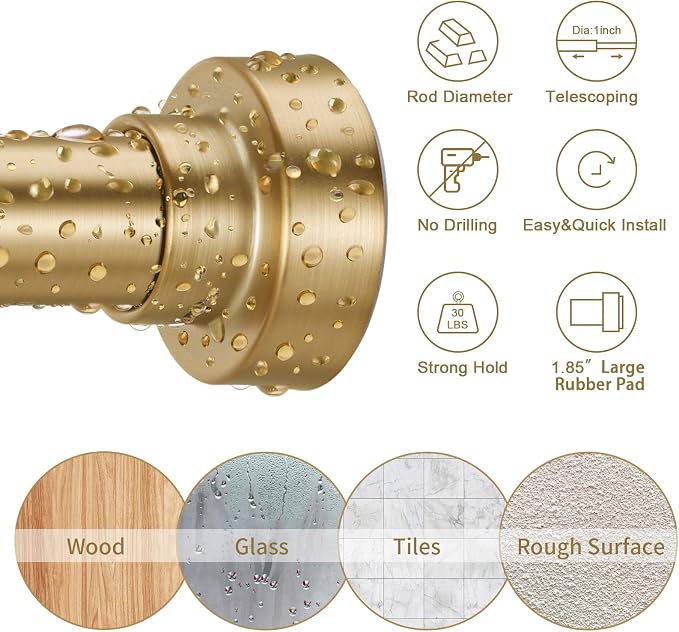 YNL Tension Shower Curtain Rod 34-66 Inch, Adjustable Spring Tension Curtain Rod No Drilling, Non-Slip, Never Rust, Stainless Steel, for Small Window Laundry Door Entryway, Gold