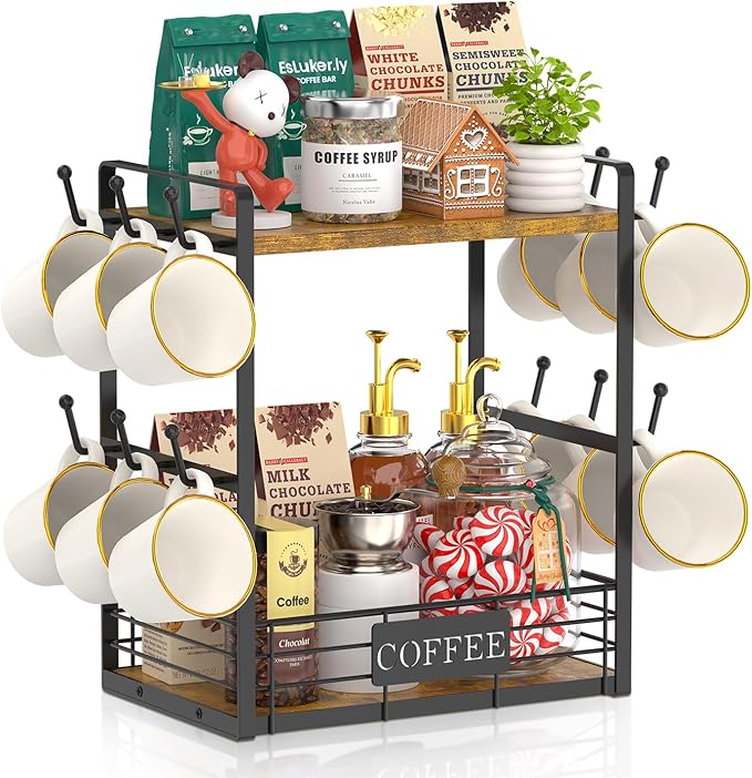 EsLuker.ly Coffee Mug Cup Holder Tree Bar Station Organizer, 2 Tier Mug Stand Rack for Countertop Kitchen, Storage Tower Display Shelf with 12 Hooks, Coffee Nook Enhancer, Vintage Brown Black