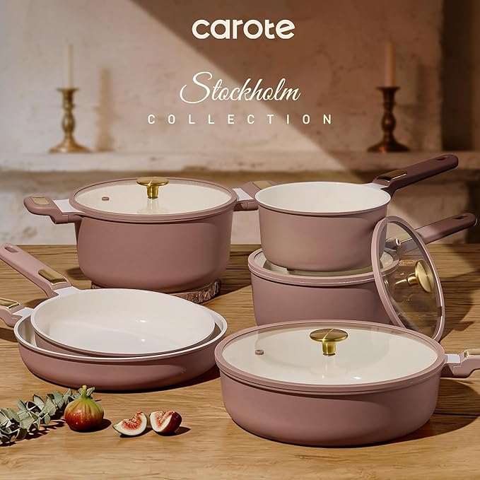 CAROTE Ceramic Cookware Set, Pots and Pans Set Non stick, 16-Piece Induction Cookware, Non toxic Healthy Non Stick Kitchen Cooking Set, with Frying Pans Set,Large Capacity Soup Pot, Pink