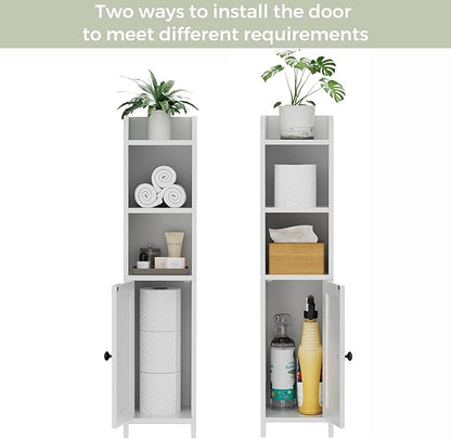 Homhedy Small Bathroom Storage Corner Floor Cabinet with Door and Shelves, Beside The Toilet Paper Stand for Skinny, Narrow Toilet Paper Cabinet, 7.9" D x 7.1" W x 31" H, White