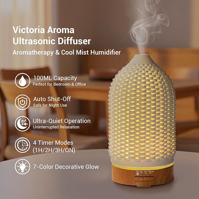 Ultrasonic Essential Oil Diffuser 100ML - Cool Mist Humidifier, 7-Color LED Lights, 3 Timer & Auto Shut-Off, Ideal Gift for Home Bedroom Office (Cream)