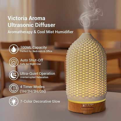 Ultrasonic Essential Oil Diffuser 100ML - Cool Mist Humidifier, 7-Color LED Lights, 3 Timer & Auto Shut-Off, Ideal Gift for Home Bedroom Office (Cream)