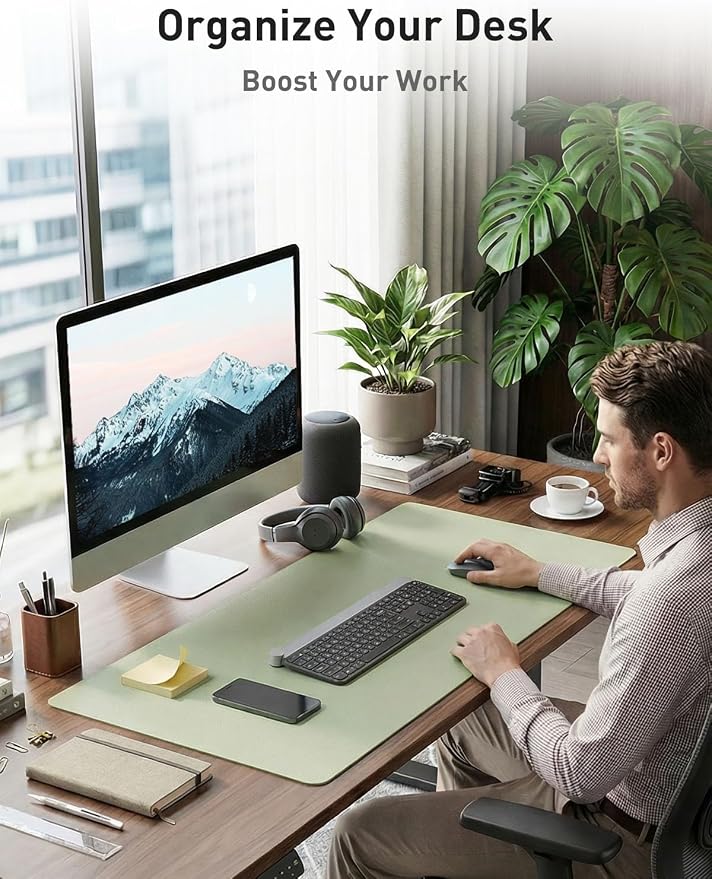 Aothia Faux Leather Desk Mat - Non-Slip PU Leather Desk Blotter, Waterproof Writing Surface, Large Desk Pad for Office & Home (Grass Green, 55" x 24")