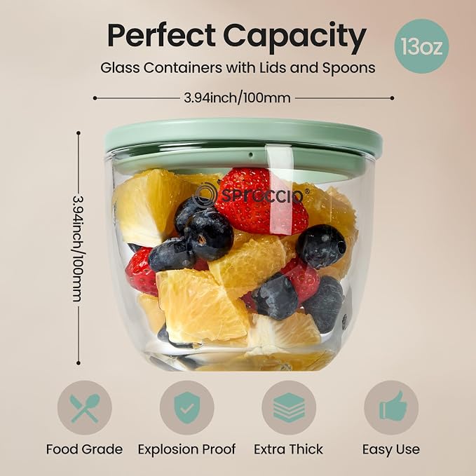 Glass Meal Prep Bowls Set - Leakproof Lids,13 oz (4-Pack Green) Perfect for Meal Prepping, Portion Control, and On-the-Go Lunches BPA-Free