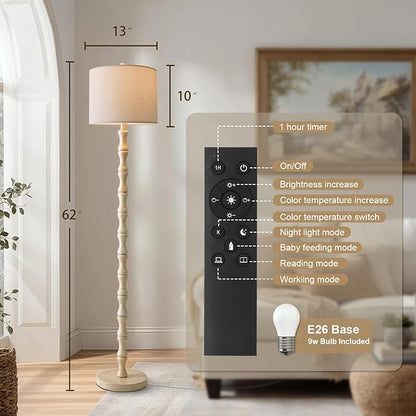 BOBOMOMO 62" Rustic Farmhouse Floor Lamp Antique White with Remote & Dimmable 9W Bulb, 3 Color Temperatures Resin Standing Lamp, Retro Tall Lamp for Living Room, Bedroom, Nursery, Office, Reading Nook