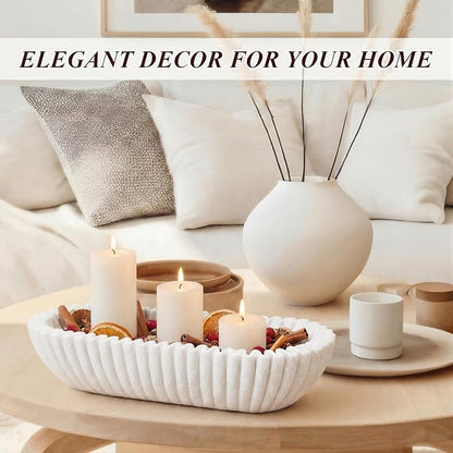 Large Decorative Bowl for Home Decor Long Dough Key Bowls Coffee Table Decor Centerpiece White Ruffle Scalloped Resin Modern Handicraft Bowl for Kitchen Counter Farmhouse Entryway