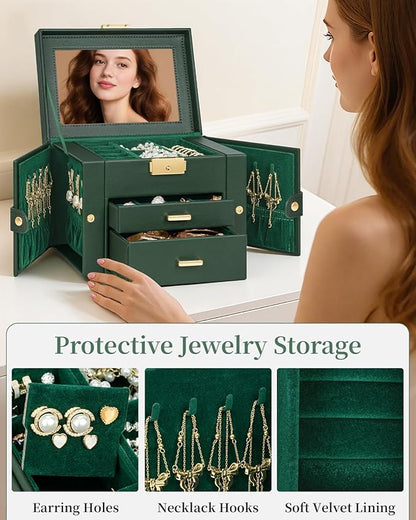 TORIBIO Jewelry Box for Women, Leather Jewelry Organizer with Mirror & Lock, 3-Tier Jewelry Storage Organizer with 2 Drawers for Girls/Women/Mothers, Necklace Earring Bracelets Holder Organizer