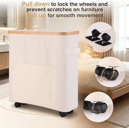 Upgraded Toilet Paper Storage Organizer with Lockable Wheels, 33L Slim Bathroom Hamper – Holds 16 Rolls, Mobile Laundry Basket for Bathroom, Bedroom, Dorm, Foldable & Waterproof (Beige)