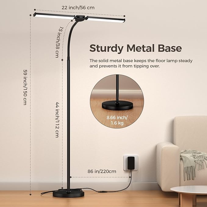 LED Floor Lamp for Living Room, Bright Reading Lamps for Office, Adjustable Colors Temperatures&Brightness, Dual Head Goose-Neck Standing Lamp, Remote and Button Control, Eye Caring Tall Lamp, Black