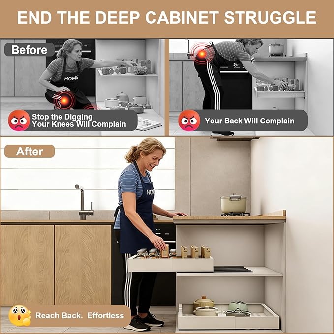 Pull out Cabinet Organizer,Expandable Width(23"-31"),Depth(17"-24") with 5 Rails,Roll out Drawers,No Drill Adjustable Slide out Shelves for Kitchen,Pantry,for Both Lip and Lip-Free Cabinets,White(1PC)