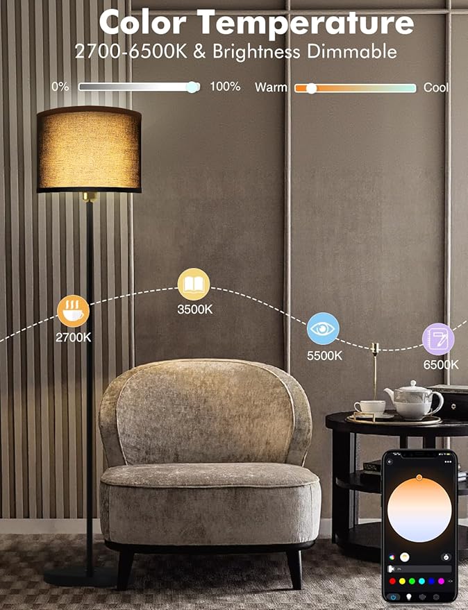 YHW Floor Lamps for Living Room Compatible with Alexa Google, Standing Lamp Tall Lamps for Living Room Bedroom Office Classroom Dorm Room. (Black)