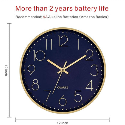 Foxtop Modern Wall Clock 12 Inch Silent Non-Ticking Battery Operated Round Quartz Gold Wall Clock for Living Room Bedroom Kitchen Office Classroom Decor (Dark Blue Dial)