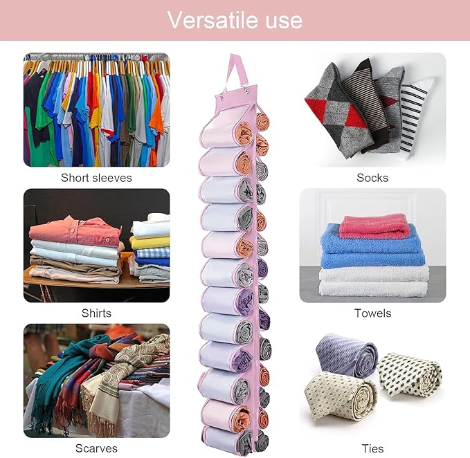 DHSFKBE Legging Organizer Storage, Shirt Organizer, Foldable Hanging Closet Organizer Storage with 26 Roll Independent Compartments for Yoga Pants, Tank Top, Towel, Underwear (Pink)