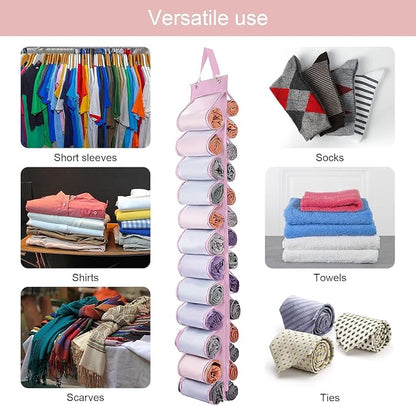 DHSFKBE Legging Organizer Storage, 2PCS T Shirt Organizer, Foldable Hanging Closet Organizer Storage with 26 Roll Independent Compartments for Yoga Pants, Tank Top, Towel, Underwear (Pink)
