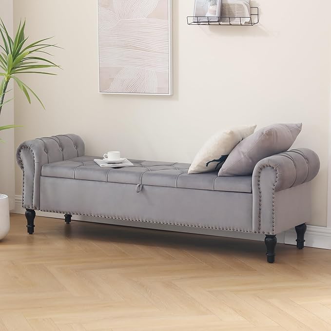 Velvet Storage Bench 67 Inch Upholstered Tufted Ottoman Bench with Arms King Size End of Bed Bench for Bedroom Living Room Entryway Grey