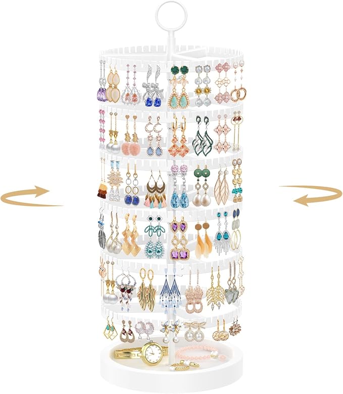 MODOWEY 6 Tier Rotating Earring Holder Organizer Display Tree with Wooden Tray, Adjustable Plastic Stand with 342 Slots for Stud Hoop Hanger, Large Capacity Storage Rack for Women Space Saving, White