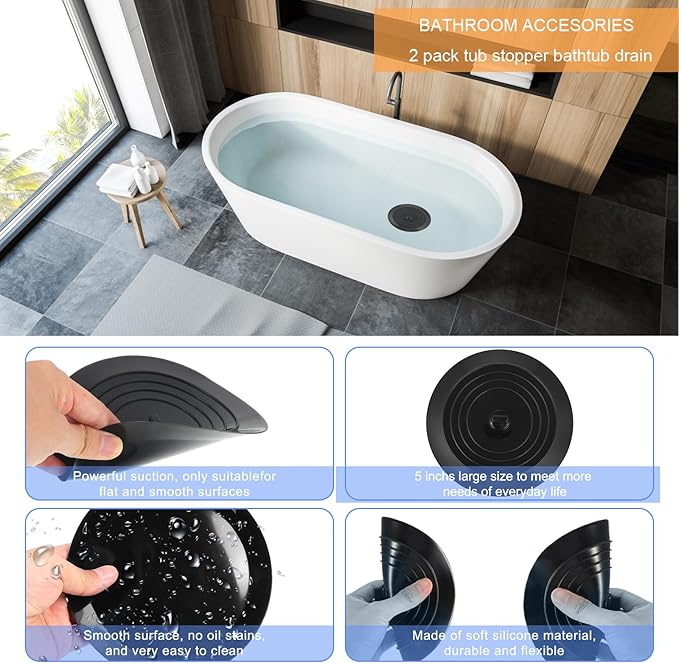 V-TOP Bathtub Drain Stopper 2 Pack, 5 inches Silicone Tub Stopper Shower Drain Cover, Bath Tub Plug Hair Stopper,Universal Flat Suction Renter Friendly Bath Accessories