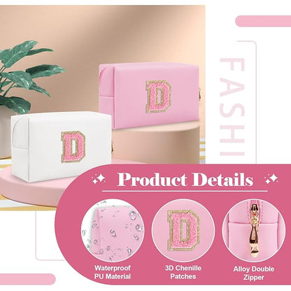 Personalized Initial A-Z Preppy Patch Makeup Bag,Small PU Leather Chenille Letter Cosmetic Bag with Zipper for Teen Girls,Pink Cute Travel Toiletry Bag,Birthday Monogrammed Gift for Daughter,Letter D