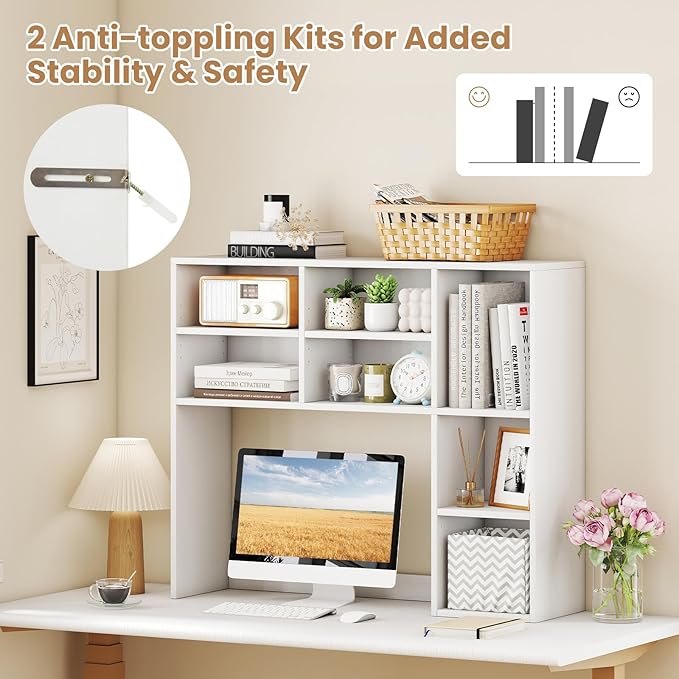 Desk Hutch, Desktop Shelf with 7 Shelves, Desk Bookshelf w/Anti-Toppling Devices, Wood Table Top Bookshelf Organizer, Small Desk Shelf for Study, Office, Dorm (White, 7 Shelves)