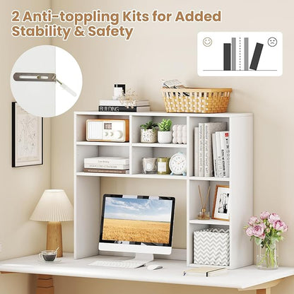 Desk Hutch, Desktop Shelf with 7 Shelves, Desk Bookshelf w/Anti-Toppling Devices, Wood Table Top Bookshelf Organizer, Small Desk Shelf for Study, Office, Dorm (White, 7 Shelves)
