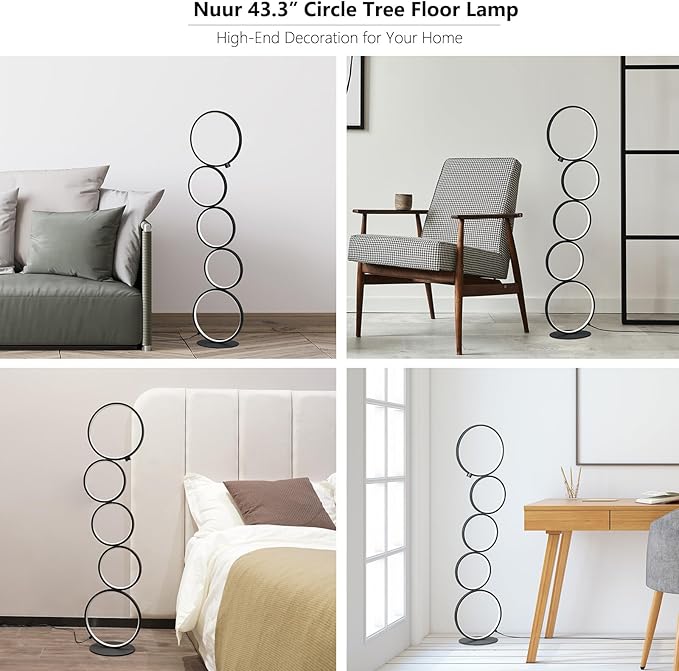 NUÜR Modern 5-Ring LED Floor Lamp, 43.3" Artistic Nesting Circle Standing Lamp, Stepless Dimmable Sculptural Accent Light for Living Room, Bedroom & Office, Minimalist Geometric Decor