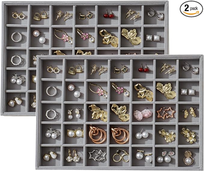 Large Velvet Jewelry Tray 2 Pack Stackable Jewelry Display Drawer Inserts Trays Organizer for Earring Bracelet Necklace Ring (Gray, 35 Grids)