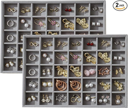 Large Velvet Jewelry Tray 2 Pack Stackable Jewelry Display Drawer Inserts Trays Organizer for Earring Bracelet Necklace Ring (Gray, 35 Grids)