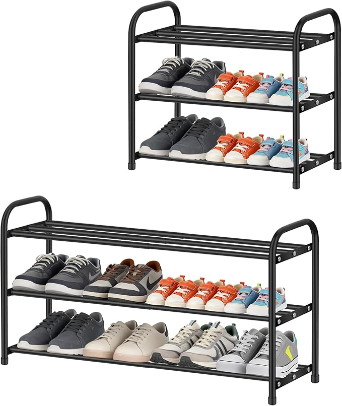 LOFTEY 3 Tier Expandable Shoe Rack for Closet, 18"-30.5" Length Adjustable Shoe Rack, Compact Metal Shoe Shelf for Entryway, Dorm, Front Door, Garage, Black
