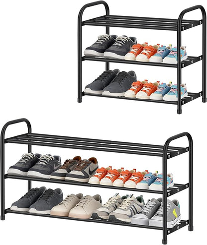 LOFTEY 3 Tier Expandable Shoe Rack for Closet, 18"-30.5" Length Adjustable Shoe Rack, Compact Metal Shoe Shelf for Entryway, Dorm, Front Door, Garage, Black