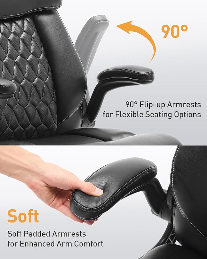 500LBS Big and Tall Office Chair, Heavy Duty Office Desk Chair with Padded Flip-Up Arms, Adjustable Lumbar Support & Tilt Lock, High Back Ergonomic Executive Computer Chair for Work & Study