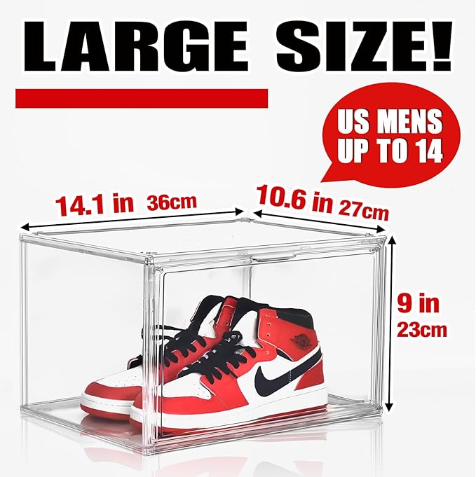 10 Pack Acrylic Shoe Boxes, Sneaker Display Case Size 14, Clear Shoe Organizer Stackable Plastic Stackable Storage Box Handbag Purse Organizer Shoes with Magenetic Lid