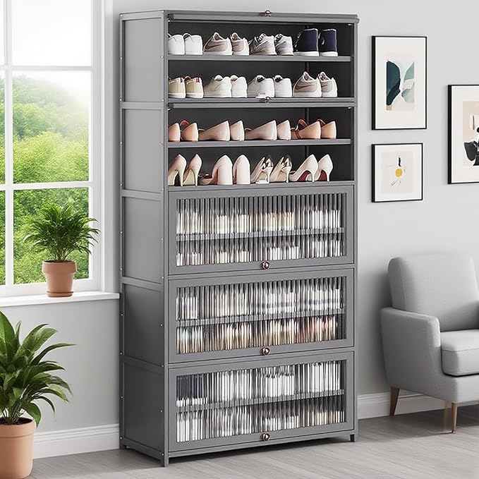 Tall Bamboo Shoe Cabinet with Doors, 10-Tier Shoe Rack for Closet, Freestanding Shoe Storage Cabinet for Hallway Living Room (Grey-05)