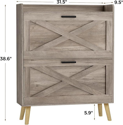 Homleke 32" W Farmhouse Shoe Storage Cabinet with 2 Flip Drawers and Barn Door Design, Adjustable Shelves, Modern Hidden Slim Narrow Shoe Rack Cabinet for Entryway, Foyer, Hallway, Living Room, Greige