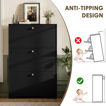 Nicetree Shoe Cabinet with 3 Flip Drawers, Narrow Shoe Organizer Cabinet, Freestanding Shoe Rack Cabinet, Modern Shoe Storage Cabinet for Entryway, Hallway, Foyer, Black