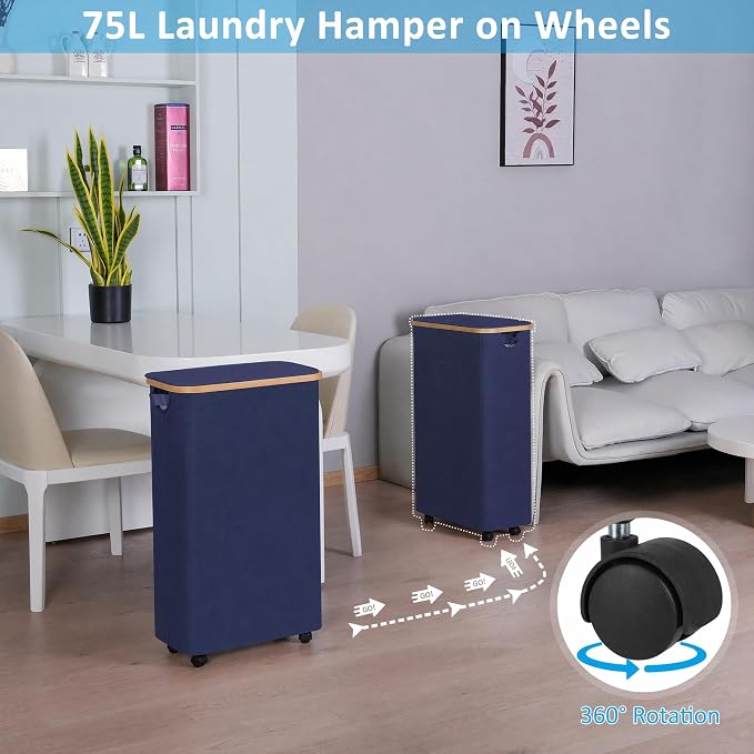 efluky Slim Laundry Hamper with Wheels, Narrow Laundry Basket with Lid and Removable Bag, Aesthetic Dirty Clothes Hamper on Wheels for Laundry Room, Bedroom, Dorm and Bathroom, 75L Beige