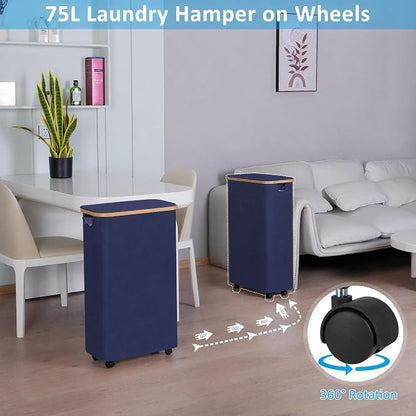 efluky Slim Laundry Hamper with Wheels, Narrow Laundry Basket with Lid and Removable Bag, Aesthetic Dirty Clothes Hamper on Wheels for Laundry Room, Bedroom, Dorm and Bathroom, 75L Beige