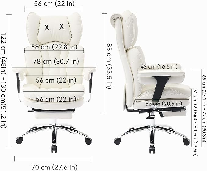 Efomao Big & Tall Executive Office Chair with Footrest - 400lbs Heavy Duty High Back PU Leather Desk Chair, Modern Ergonomic Reclining Computer Chair, White