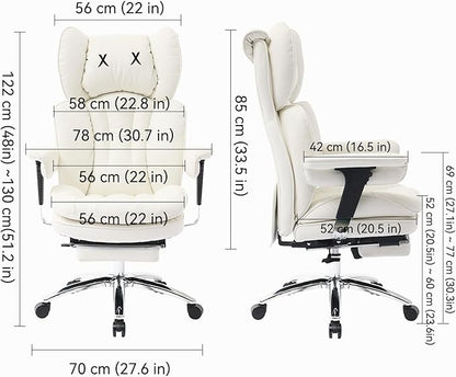 Efomao Big & Tall Executive Office Chair with Footrest - 400lbs Heavy Duty High Back PU Leather Desk Chair, Modern Ergonomic Reclining Computer Chair, White