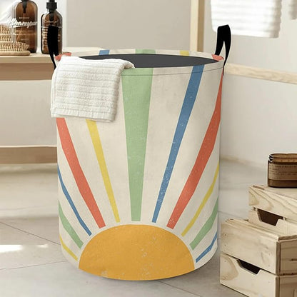 Boho Colored Sun Laundry Basket-Large Foldable Hamper Holder Portable Tall Collapsible Laundry Hamper Storage Basket Bin with Handles, Canvas & Waterproof lining for Household Items