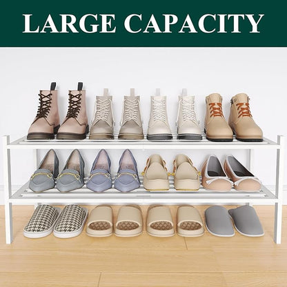Smiry Long Bamboo Shoe Rack 2-Tier, Stackable Wooden Shoe Organizer for Entryway & Closet, Free Standing Wood Shoe Storage Shelf for Front Door & Small Spaces, White